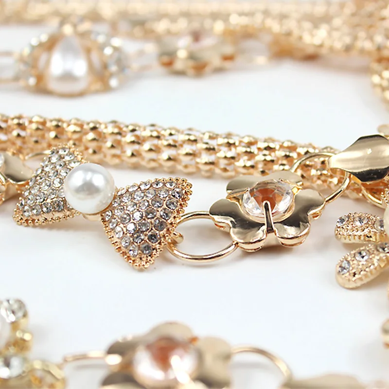 Женский ремень с цветами Золотистый металлический пояс кристаллами и