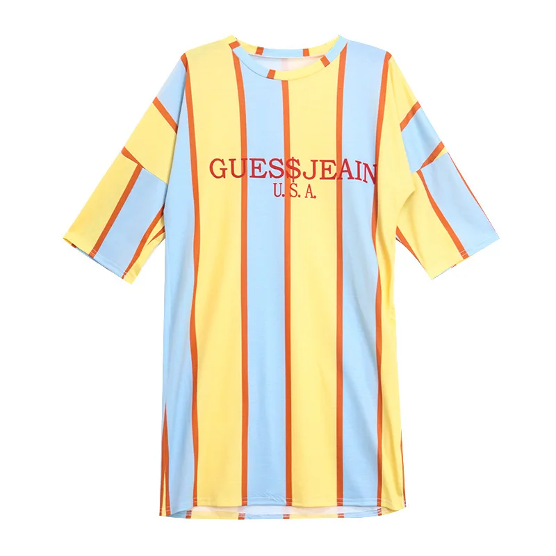 

Women's Loose Casual Dress Printed Round Neck Short Sleeve High Street Dress Summer Vertical Stripes Vestidos T-shirt Clothing