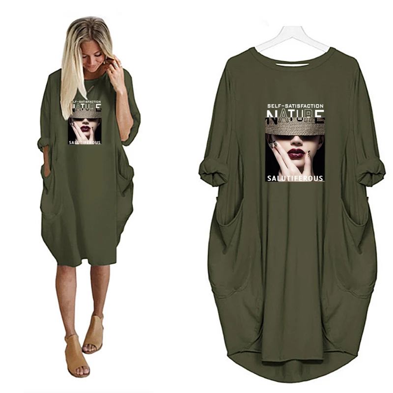 

Art Girl Print Women Party Midi Dress Plus Size Pocket Fashion o Neck Long Sleeve Autumn Dresses Loose Casual Female Streetwear