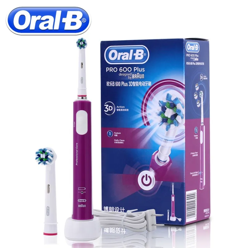3D Purple Оральная B звуковая подзаряжаемая зубная щетка PRO600 Plus 3D Действие отбеливание зубов вращающаяся ультразвуковая зубная щетка - Color: 3D Purple