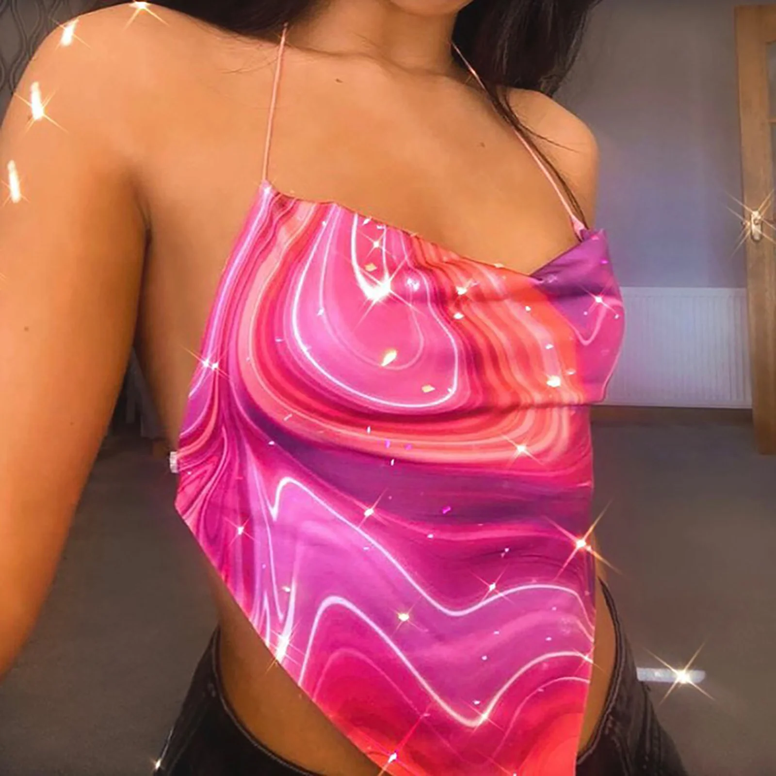 

Feminine Tie Dye Tanks Tops No Sleeve Cryptographic Straps No Back-fashion Scarf Club Sexy Party Wrap Mini Tube