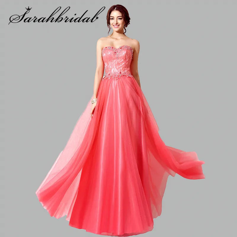 

In Stock Elegant Sweetheart Prom Dress Long Tulle Formal Evening Party Gown Crystal Beads Floor Length Lace Robe De Soiree SD207