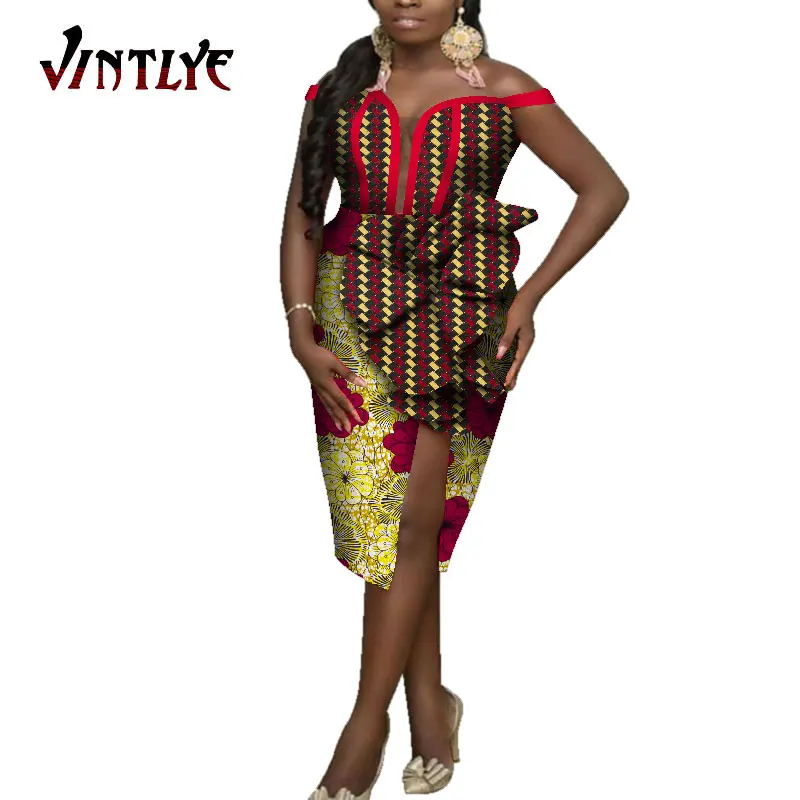 

African Dresses for Women Sexy Lady Halter Dress Evening Gowns Split Irregular Skirts with Bow-knot Dashiki Party Female Attire