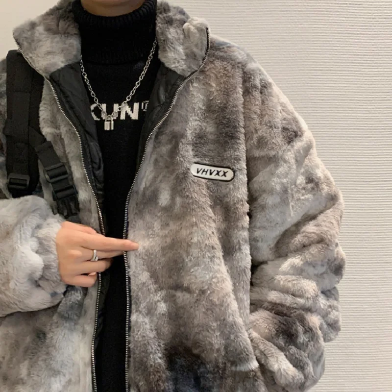 Men's Fashion Tie-dye Imitation Lamb Wool Coat Winter Warmth Cotton Coat Plus Velvet Thickening Tide Brand Winter Jacket