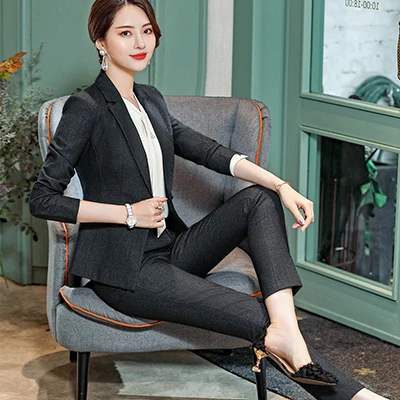 Black Pant Suits Элегантный женский брючный костюм, модный однотонный костюм, куртки и брюки, комплект из 2 предметов для офисной леди, бизнес-отеля, одежда для интервью - Цвет: Black Pant Suits