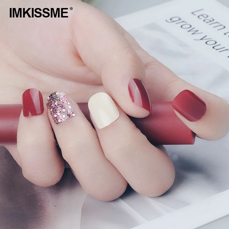 

IMKISSME Red Fake Nails Art Tip Press on Nails with Glue Designs Full Artificial Cover IK14