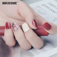 imkissme red fake nails art tip press on nails with glue designs full artificial cover ik14