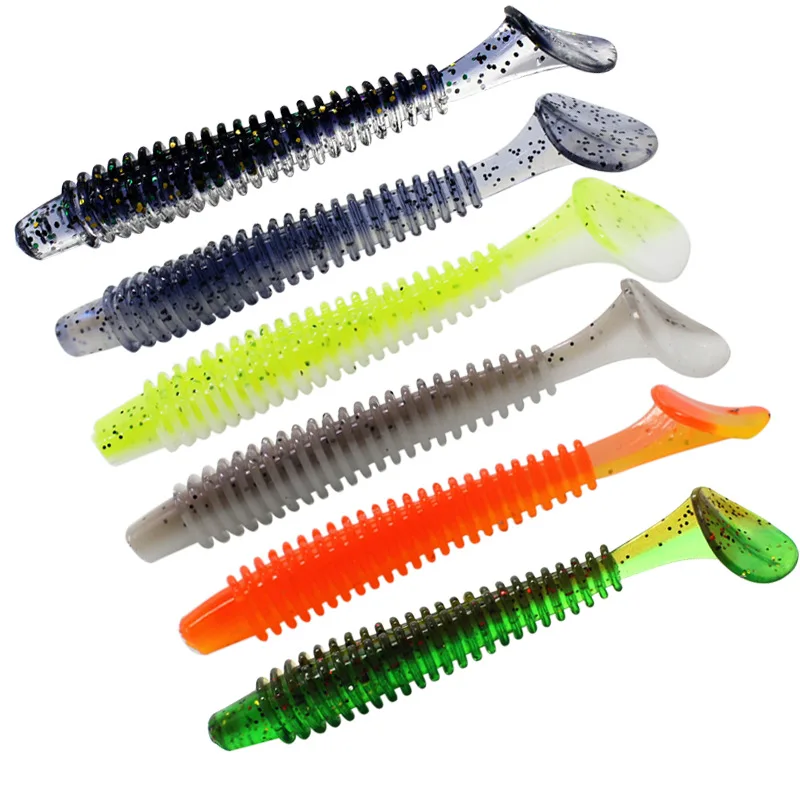 5-10pcs/lot Soft Fishing Lure 50mm/0.9g Double Color Spiral T tail Silicone baits Jig Wobbler Worm Pesca Bait | Спорт и развлечения