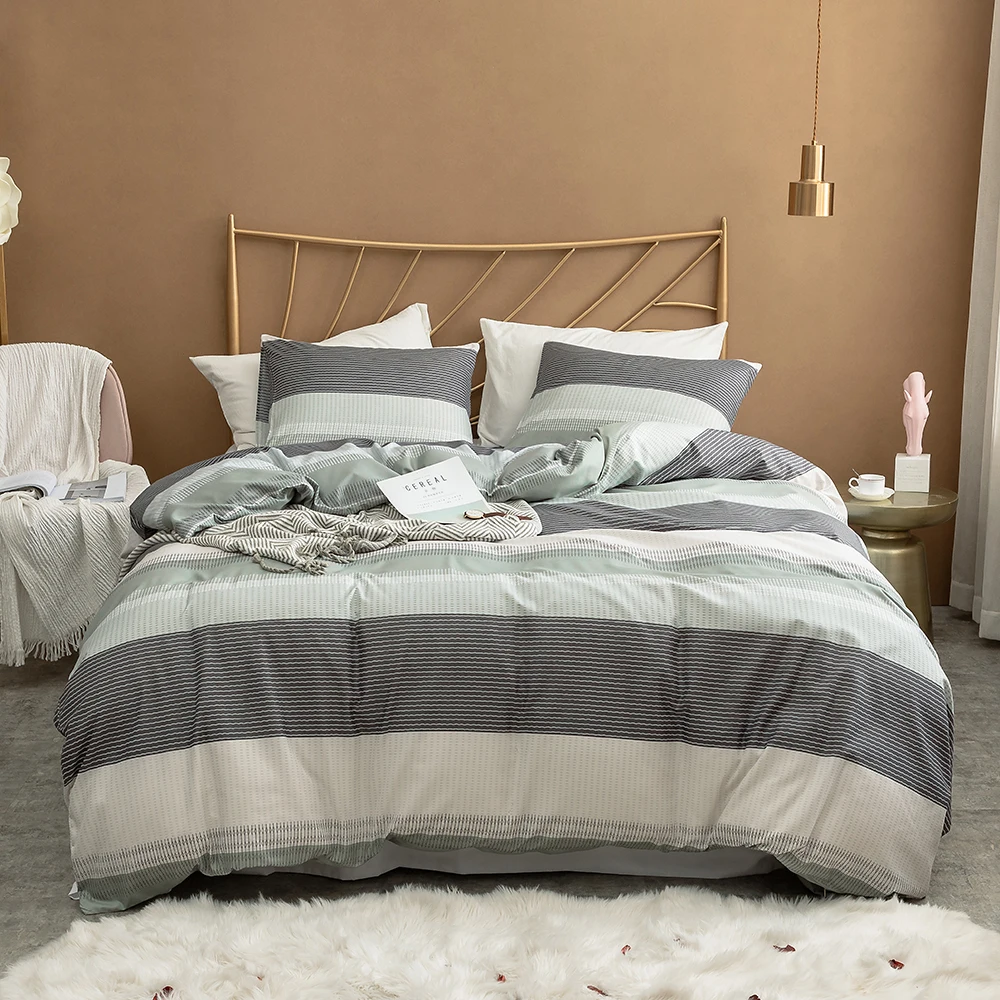 Темно синий и кремовый в полоску 100% полиэстер пододеяльник наволочки для