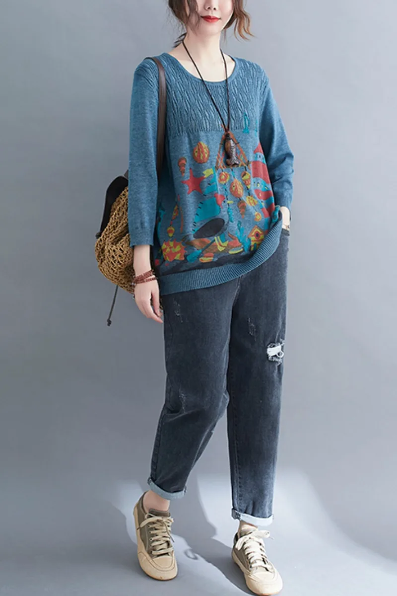 

Spring Sweater For Women Fashion Loose Oversize Thin Knitted Retro Tops Casual Female Printing Soft 3/4 Sleeve Base Cotton Tees