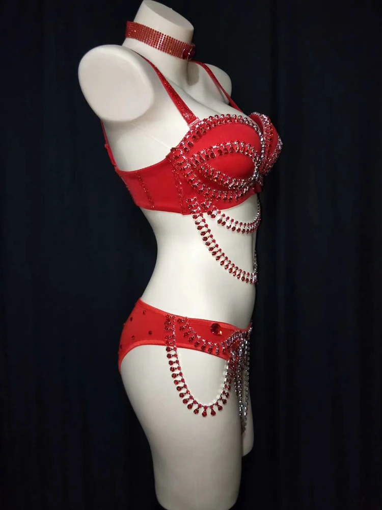 Для танцев на шесте Женская обувь красный бюстгальтер шорты стразы бикини