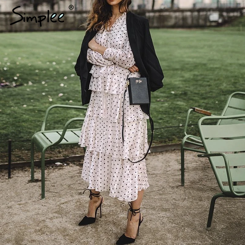Simplee Elegant polka dots dress women Long sleeve ruffled long cake dresses female Vintage ladies evening party vestidos | Женская