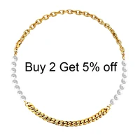 stainless steel asymmetry imitaion pearl chain necklaces for women pearl choker chunky chain collar heavy duty choker