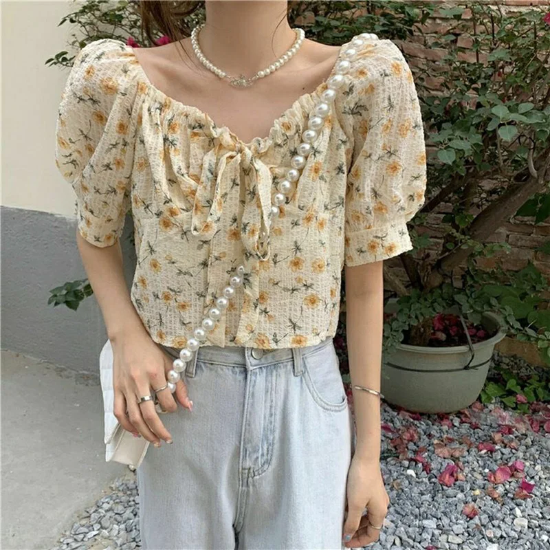 

Kawaii Clothes Floral Printed Chiffon Shirts Blusas Mujer Spring Women Casual Short Tees Puff Sleeve Summer Boho Style Tshirts