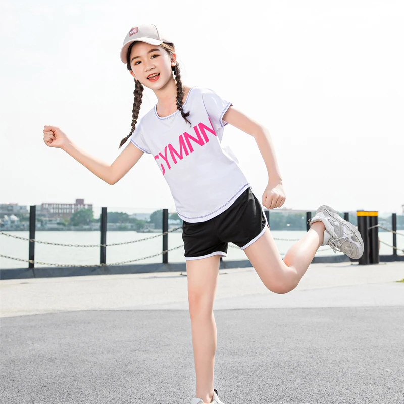 

sportswear children 2 pieces sport set for girls running T shirt summer girl sport shorts kids yoga set fitness tops gym set