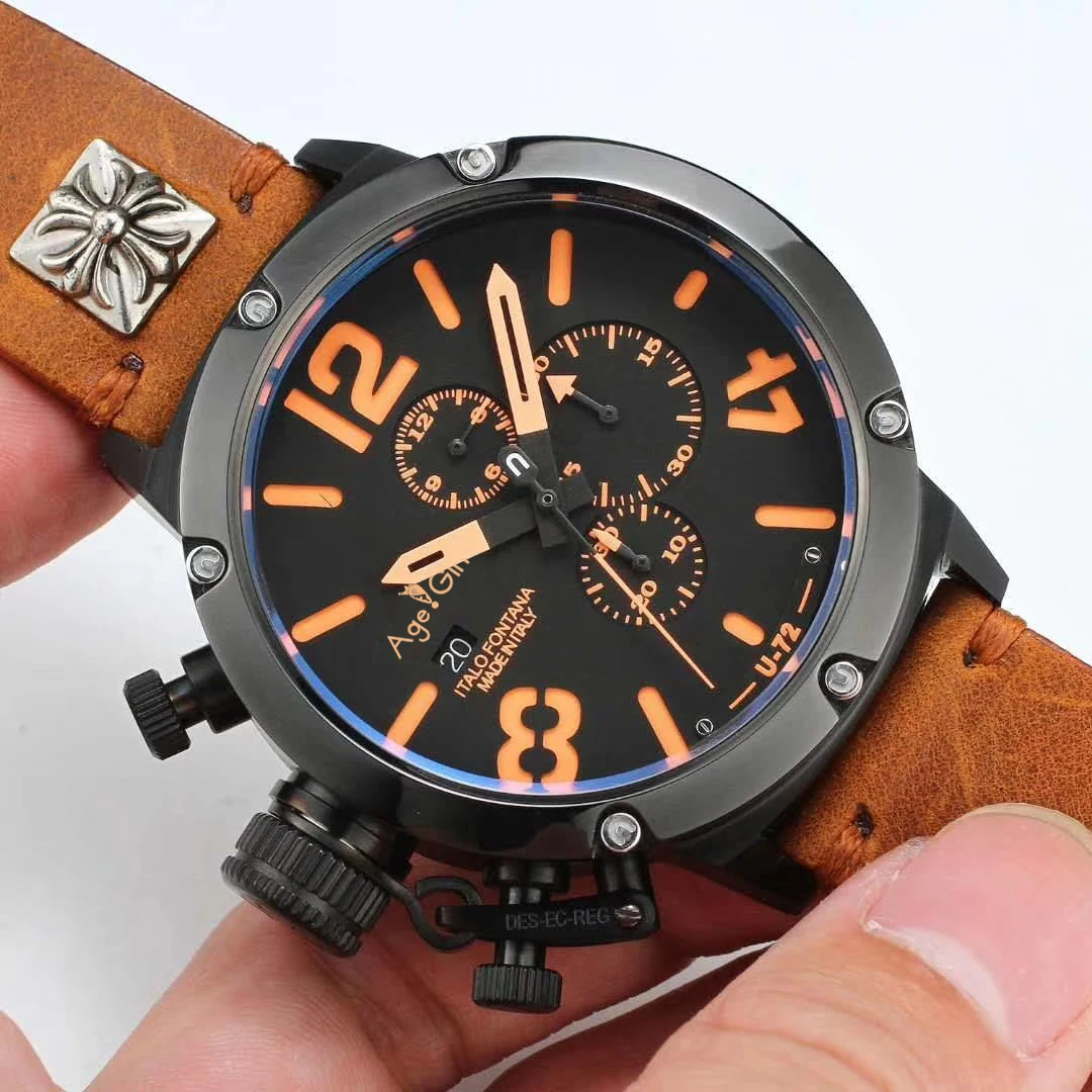 Совершенно Секундомер-хронограф для мужчин U CHRONOMETER U72 Chimera Состаренный коричневый корова черный корпус кожа лодка часы сапфир Оранжевый Белый
