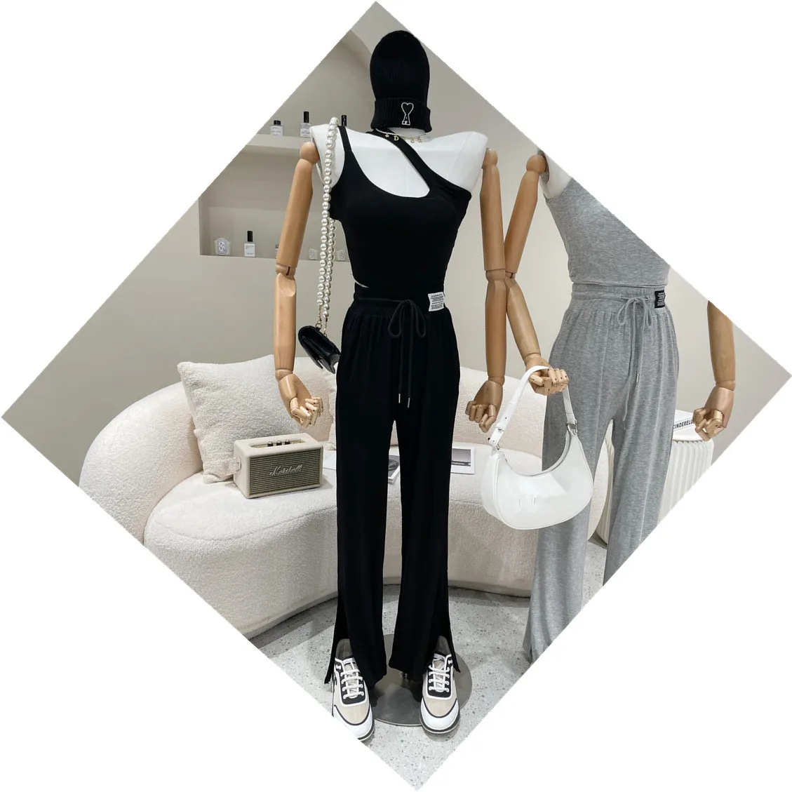 

2 Piece Set Girl Summer 2021 Niche Design Fashion Slant Off Shoulder Vest With Chest Cushion + Patched Elastic Waist Split Pants