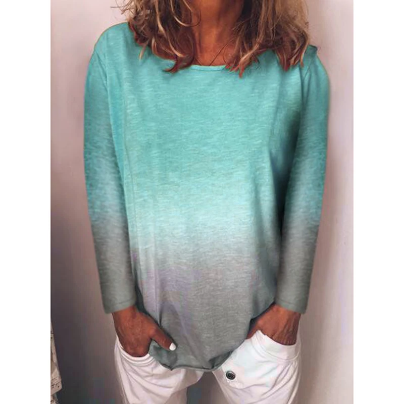 Новая женская футболка с длинным рукавом и круглым воротником градиентного