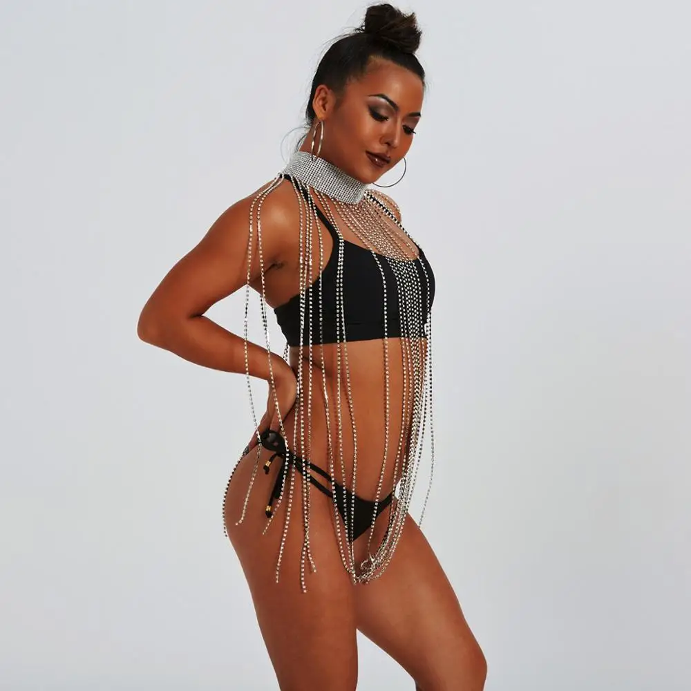 Ожерелье женское длинное блестящее с кисточками и лямкой на шее |