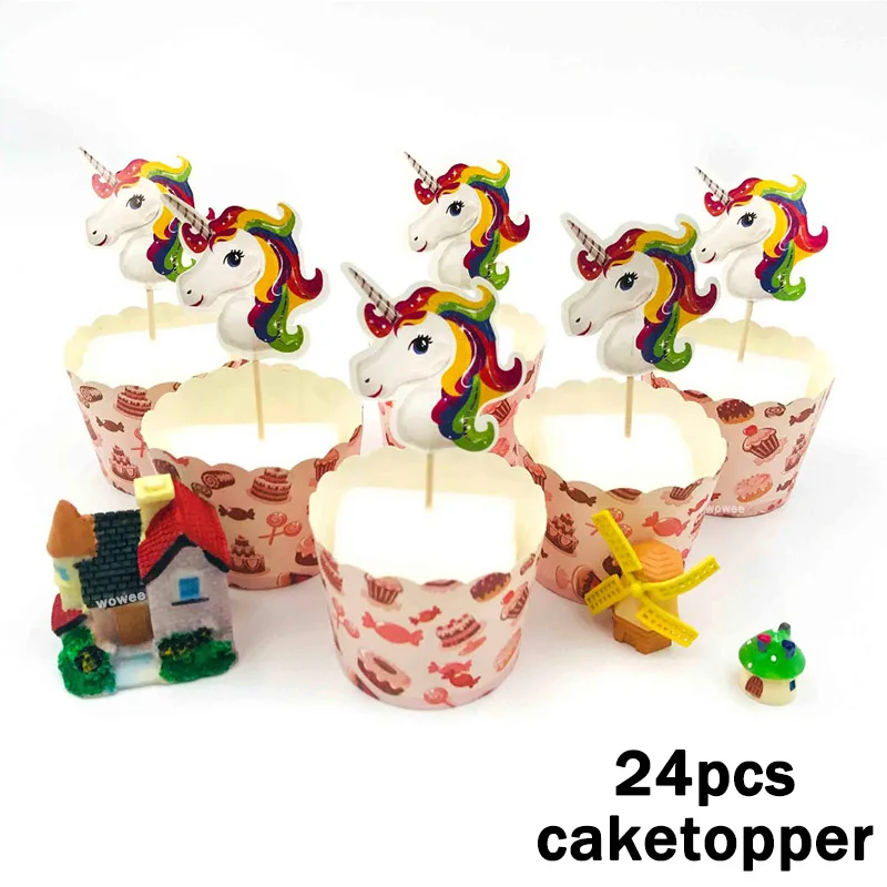 24Caketopper Принадлежности для тематической вечеринки в виде единорога скатерть салфетки тарелки попкорн принадлежности чашки ножи и вилки ложки День рождения украшения - Цвет: 24Caketopper