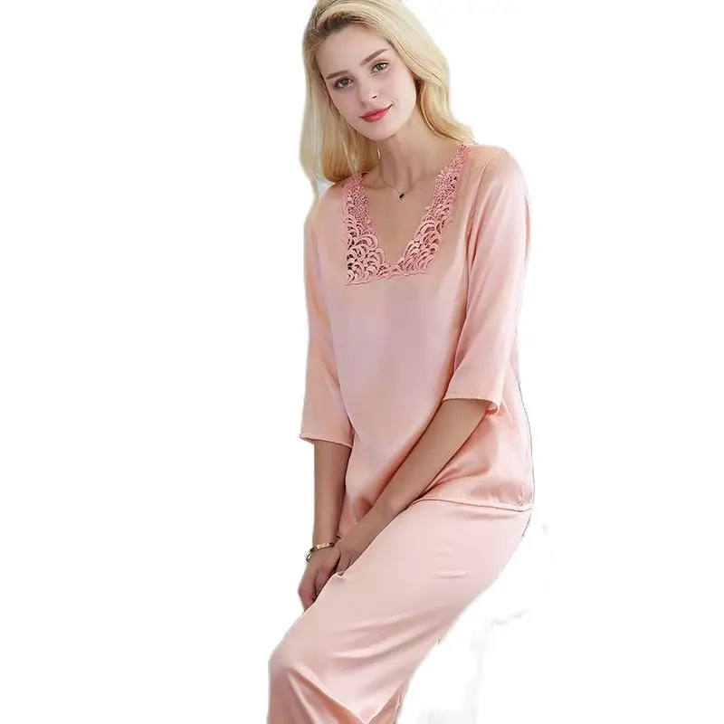 T77171 New Fashion Silk Pajamas Women Summer Clothing two-piece 100% Silk Sleepwear spring and Autumn Pajama Sets
