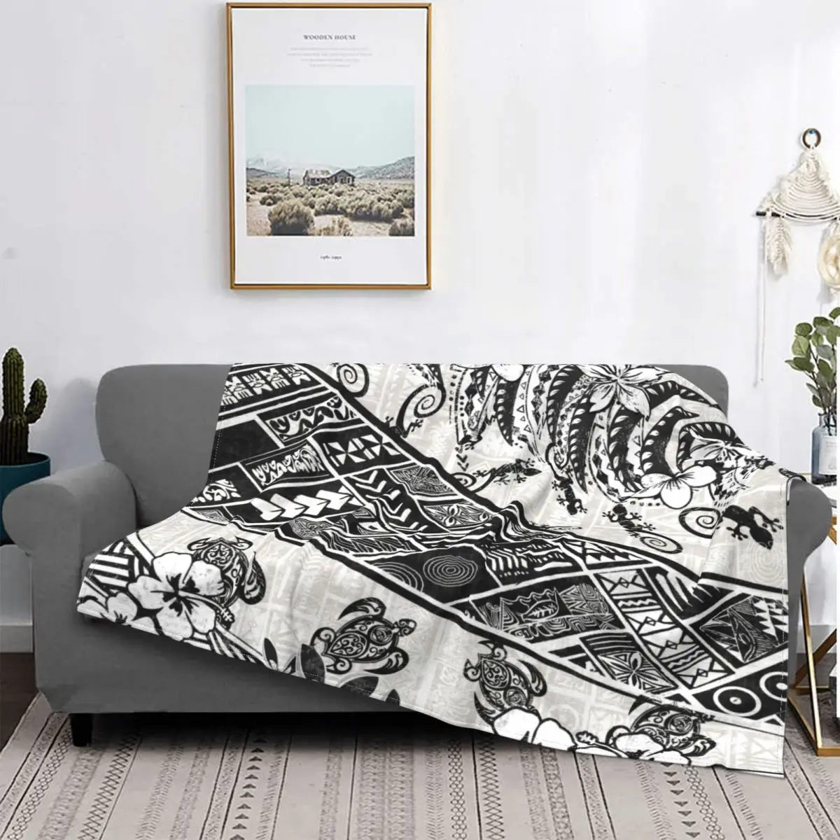 

Black And White Polynesian Tribal Distressed Blanket Flannel Textile Decor Portable Ultra-Soft Throw Blankets for Bed Outdoor
