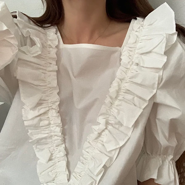 

ZCSMLL Square Neck Women Blouses Wooden Ear Stitching Loose Puff Sleeve Doll Shirt Top 2021 Spring Summer