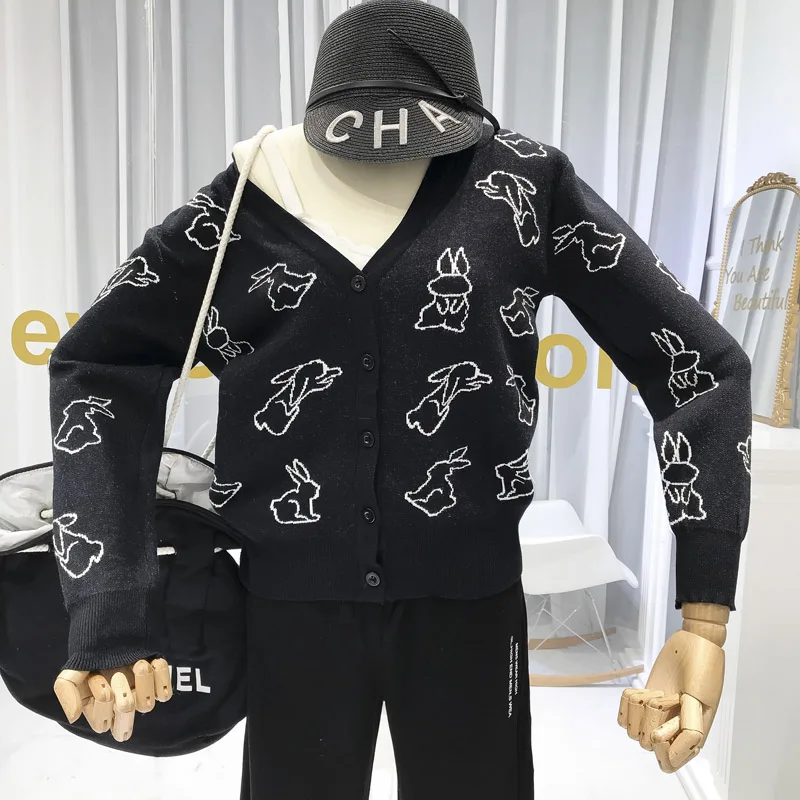 Женский тонкий вязаный кардиган ALPHALMODA с милым рисунком кролика модные вязаные