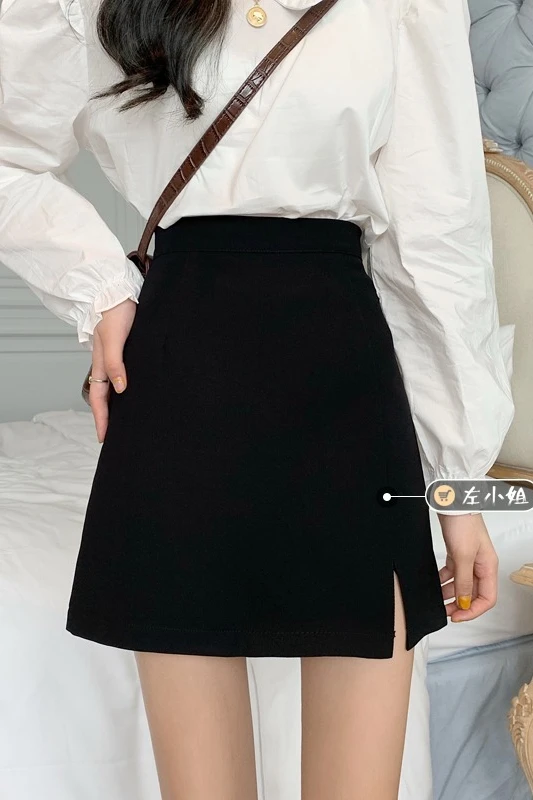 

High waist A-line skirt women's summer temperament black skirt anti light show thin split short skirt