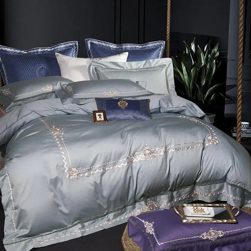 

Grey Purple Egyptian Cotton Oriental Embroidery Luxury Bedding set Queen King size Bed set Quilt/Duvet cover Bedsheet set