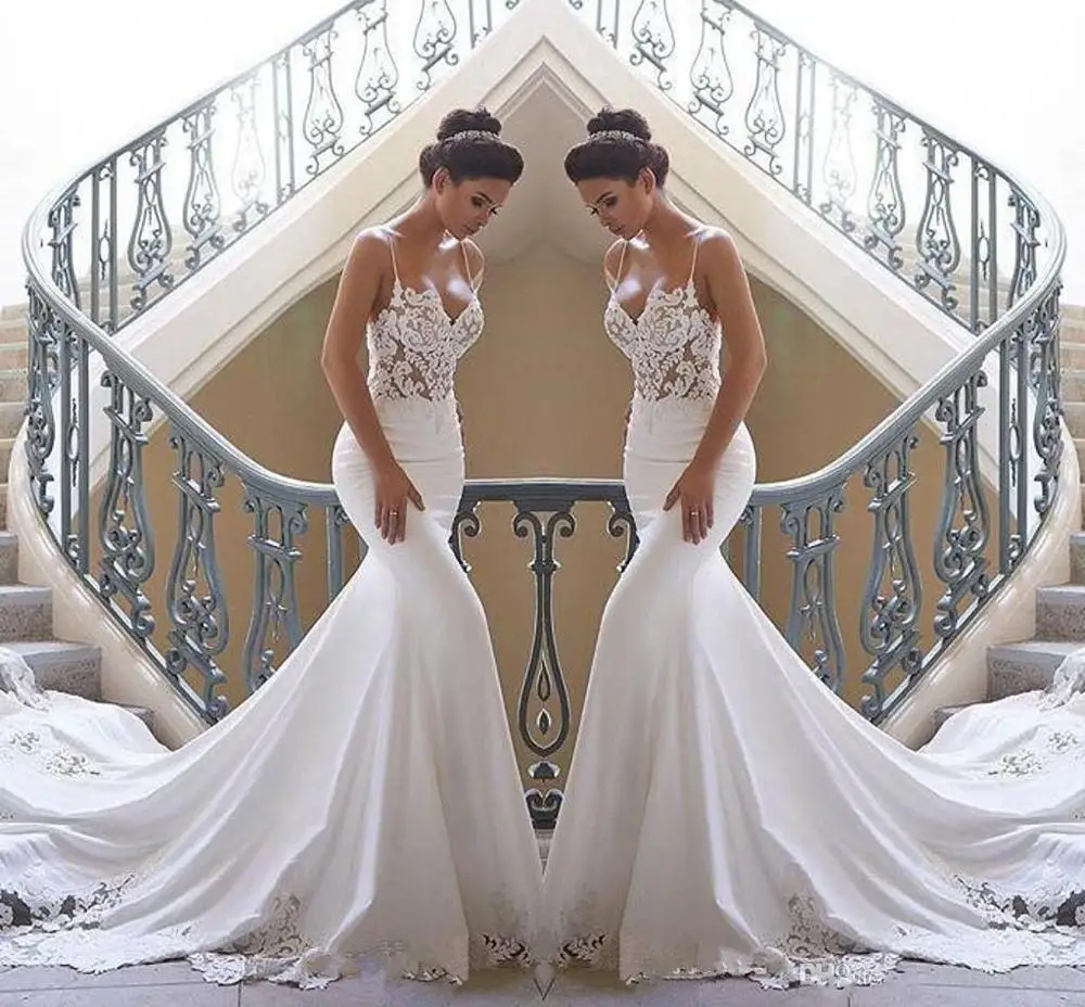 

Spaghetti Straps Satin Mermaid Wedding Dresses 2021 Lace Appliques Sleeveless Bridal Dress Wedding Gown Vestidos De Noiva