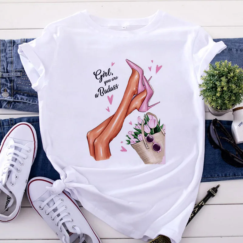 

2021 Fashion High Heel Shoes Printed Women's T-Shirts Aesthetic White T Shirt Tops Summer Short Sleeve Tee Shirt Femme clothing