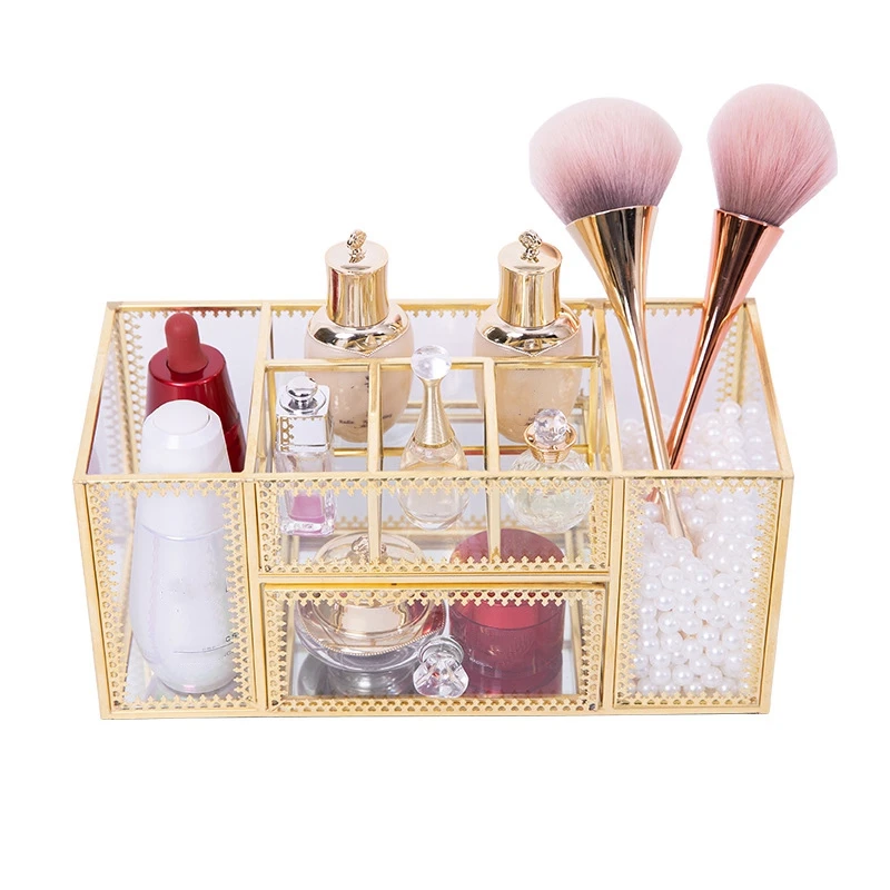 Make Up Storage Baskets Vintage Golden Polygon Shaped Organizer Brass Tone Clear Glass Ornate Jewelry Sundries Tray | Багаж и сумки