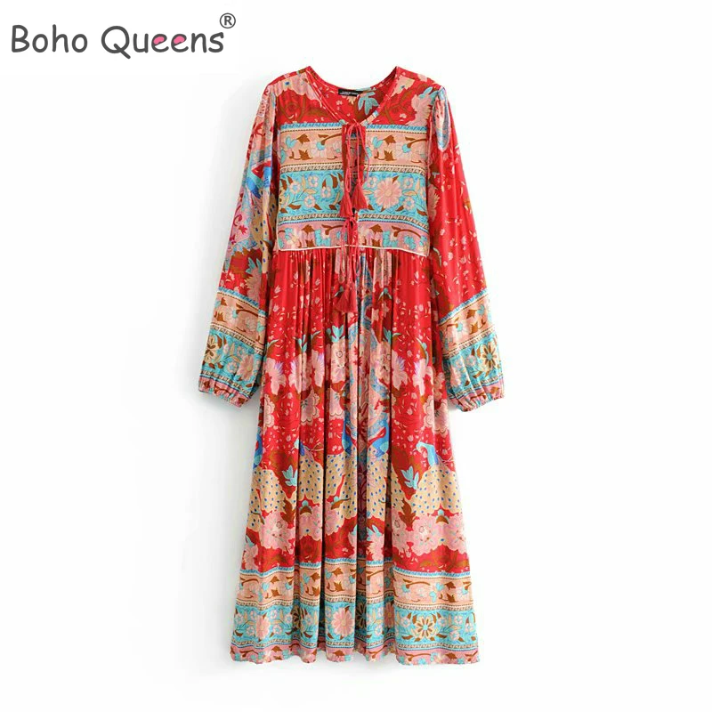 Boho Queens женское Красное пляжное длинное богемное Платье макси с цветочным принтом