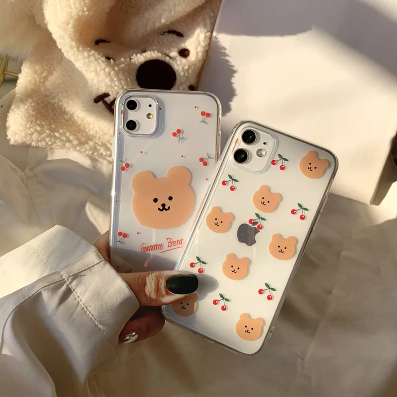 

Cherry Bear Phone Case for iPhone 11 12 pro max Case Cute Cover for iphone 7 8 Plus Xs max 12pro max Ins Style Transparent Case