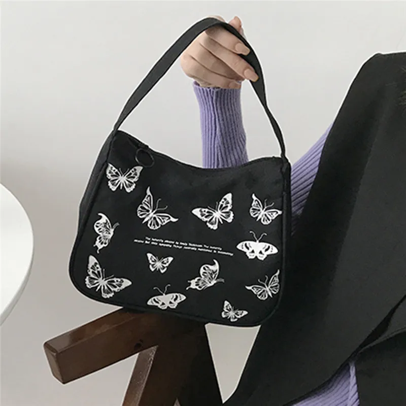 

Spring Women Small Handbag Butterfly Print Canvas Tote Ladies' Fashion Underarm Bag Zipper Half Moon Bags Cotton Cloth Purse
