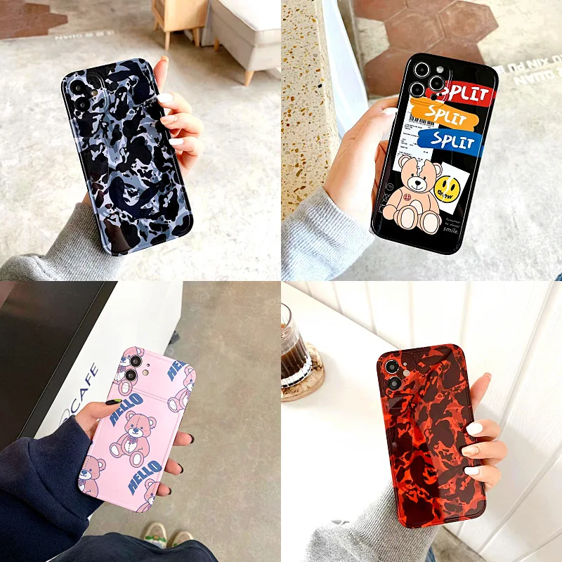 

Leopard Print Pattern Bear Phone Case For iPhone 11 12Pro X XR XS Max 8 7 Plus SE 2020 Lens Camera Protection Soft Back Cover