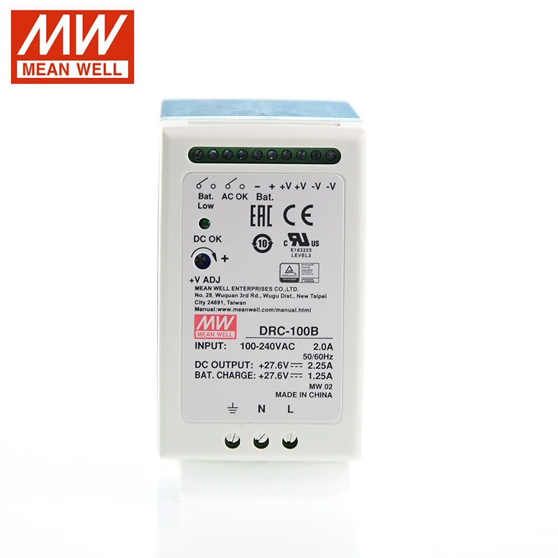 

DRC-100B Meanwell Switching Power Supply 110V/220V AC to DC 27.6V 2.25A | 1.25A 97W DIN Rail Battery Charger for UPS Function CE