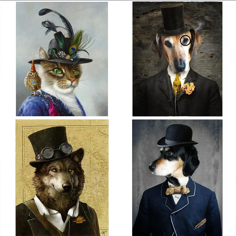 

Black and White Classy Dog Cat Wolf Fox Wall Art Posters And Prints Animal Wearing a Hat Feather Canvas Painting Home Decor