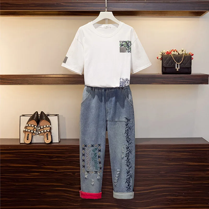 

2021 summer new Korean version of literature and art covering meat and slimming embroidered jeans T-shirt two-piece