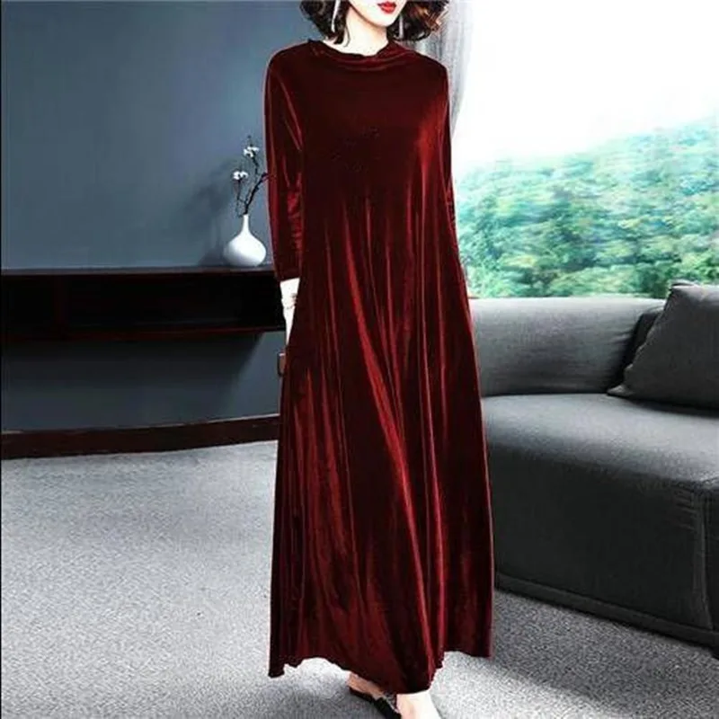

2020 Autumn Winter Retro High Waist Pleated Women Casual Pocket Woolen Female Flare Red Long Big Size Long Mother's Knee Dress