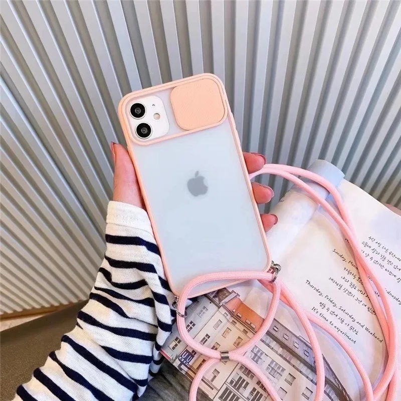

Camera Lens Matte transparent Crossbody Lanyard Necklace Phone Case For iPhone 12 MiNi 12 Pro Max 11 XS Pro Plus Xr