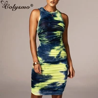 colysmo tie dye midi dress woman sexy ruched crewneck slim fit stretchable summer dress ladies fashion casual party vestidos