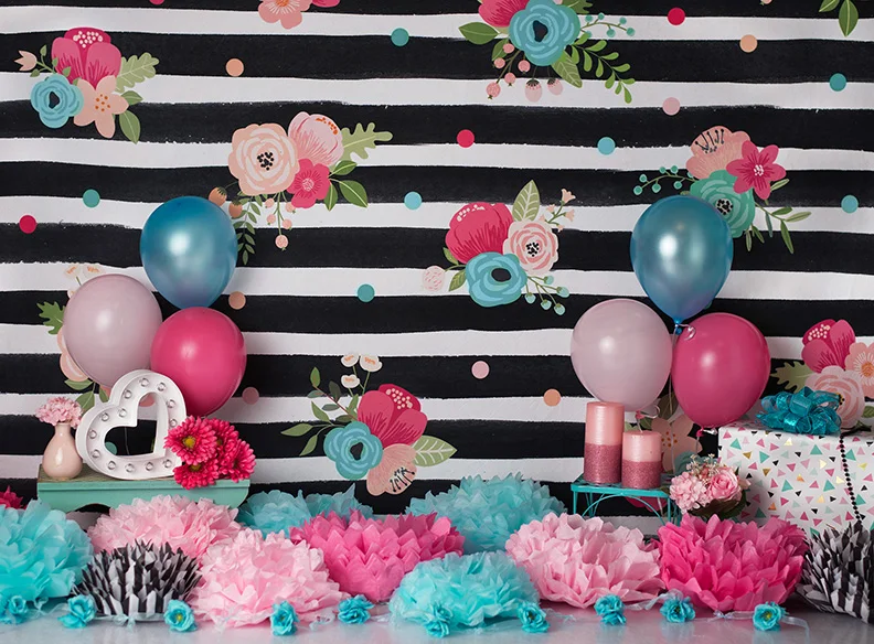 

Black And White Striped Flower Leaves Balloon Gift 1st backdrop High quality Computer print birthday background