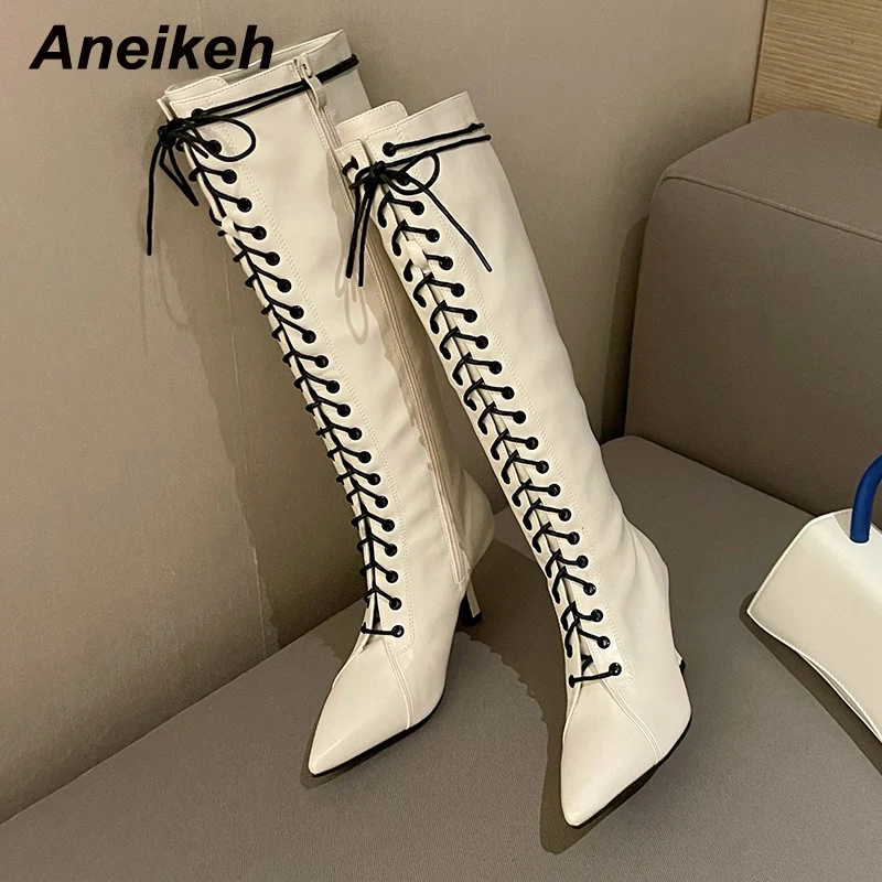 

Модные женские осенние ботинки Aneikeh в римском стиле с перекрестной шнуровкой до колена туфли на тонком каблуке с острым носком из мягкой кож...