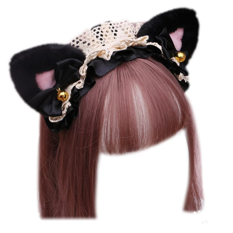

Women Anime Lolita Cosplay Animal Headband Cute Plush Cat Ears Ruffled Lace Ribbon Bowknot Bell Hair Hoop Masquerade Party Headp