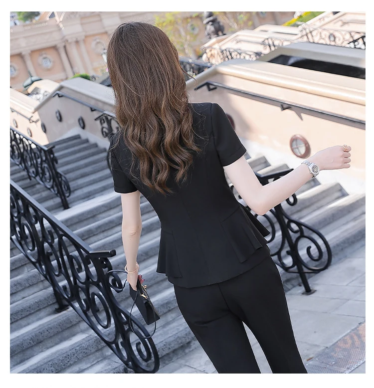 IZICFLY Summer Style New Beige Slim Professional Business Two Piece Blazer Set Women Pants Suit Office Work Wear Black