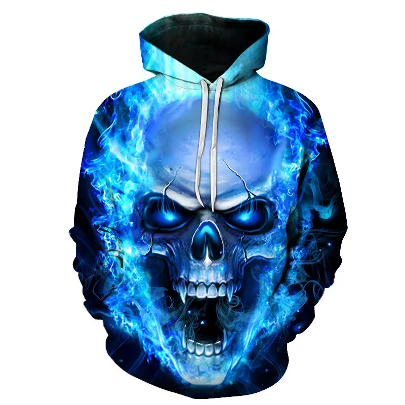 New Blue Flame Skull Hoodies 3D Sweatshirts Men Women Hooded Loose Tracksuits Autumn Winter Coat Streetwear Funny Jackets Hoodie | Мужская