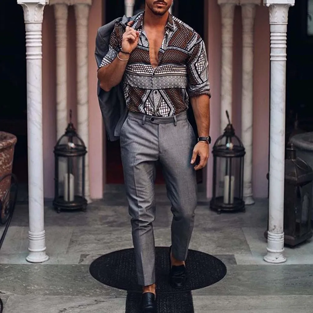 Мужская рубашка с длинным рукавом в этническом стиле|Повседневные рубашки| |