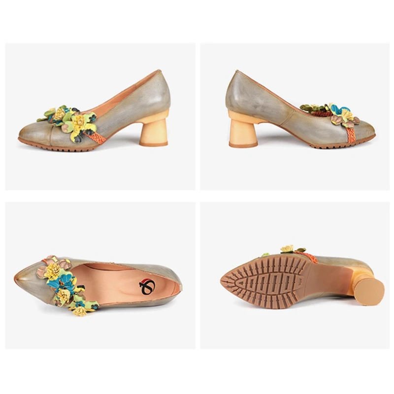 

autuspin Retro Flower Women Shoe Spring Autumn Real Leather Thick Heels Pumps Chinese Style Vintage Party Wedding Shoes Handmade
